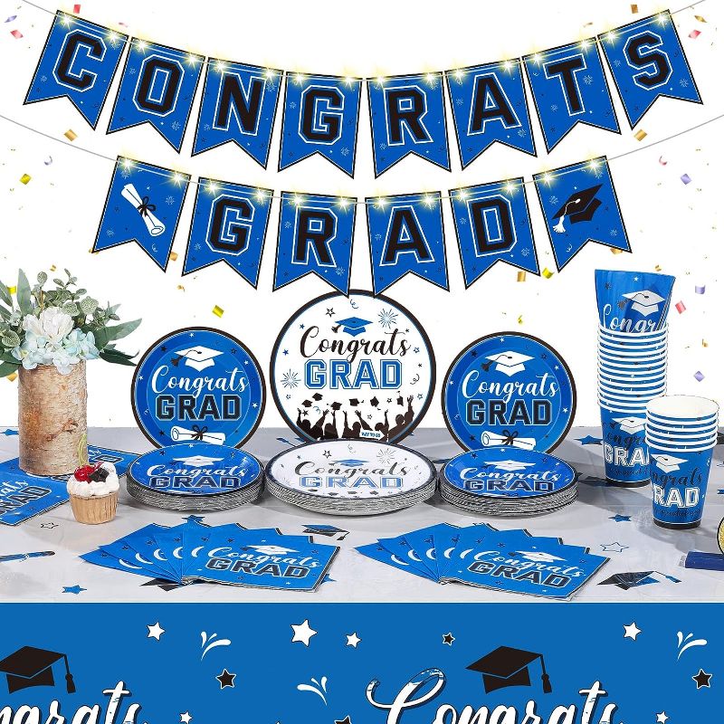 Photo 1 of 123 PCS Congrats Grad Party Set Serve for 30 Graduation Decoration Banner with LED Light Class of 2023 Party Supplies Plates Tablecloth Cups Napkins for Celebration Prom Party Supply (Blue)
