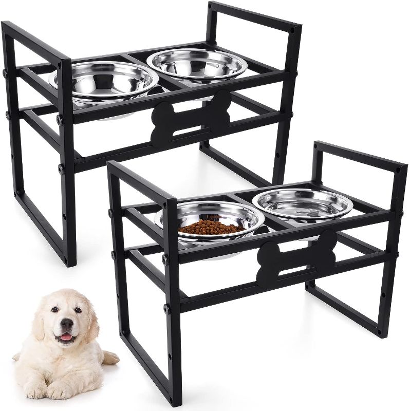 Photo 1 of 2 Pack Elevated Dog Bowls Raised Dog Bowls with 4 Stainless Steel Dog Bowls Adjustable to 4 Heights Raised Pet Food Bowl Holder Dog Food Bowl Stand Feeder for Small Medium Large Dogs and Pets
