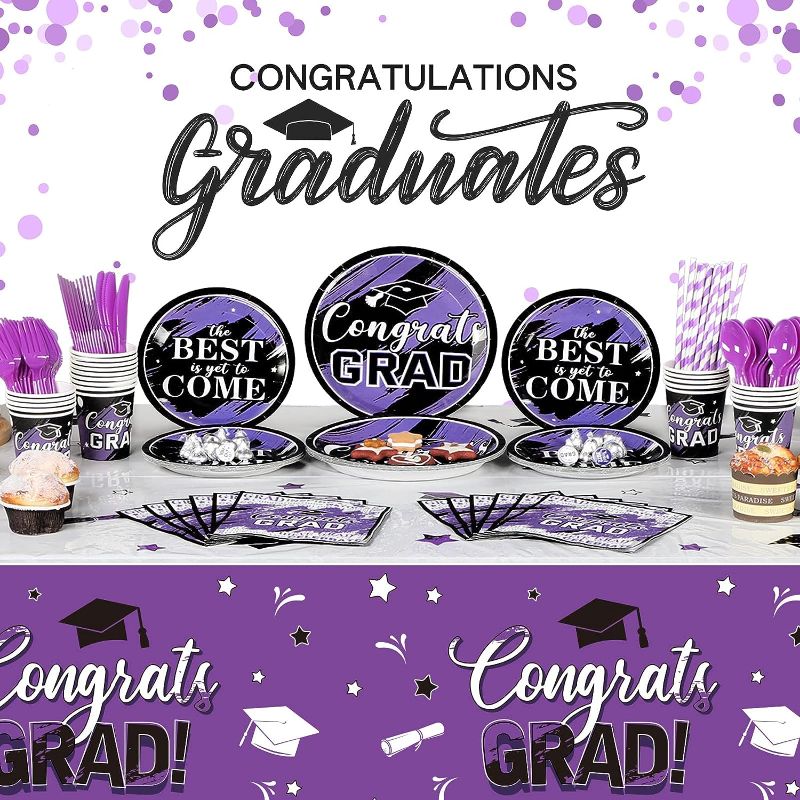 Photo 1 of 193 Pcs Congrats Grad Party Supplies Set Graduation Decoration Class of 2023 Graduate Tablecloth Cups Plates Napkins Tableware for Event Celebration Party Supply, Serves 24 (Purple and White)
