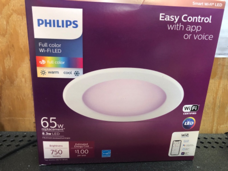 Photo 2 of 1pc--Philips Color and Tunable White 5/6 in. LED 65W Equivalent Dimmable Smart Wi-Fi Wiz Connected Recessed Downlight Kit