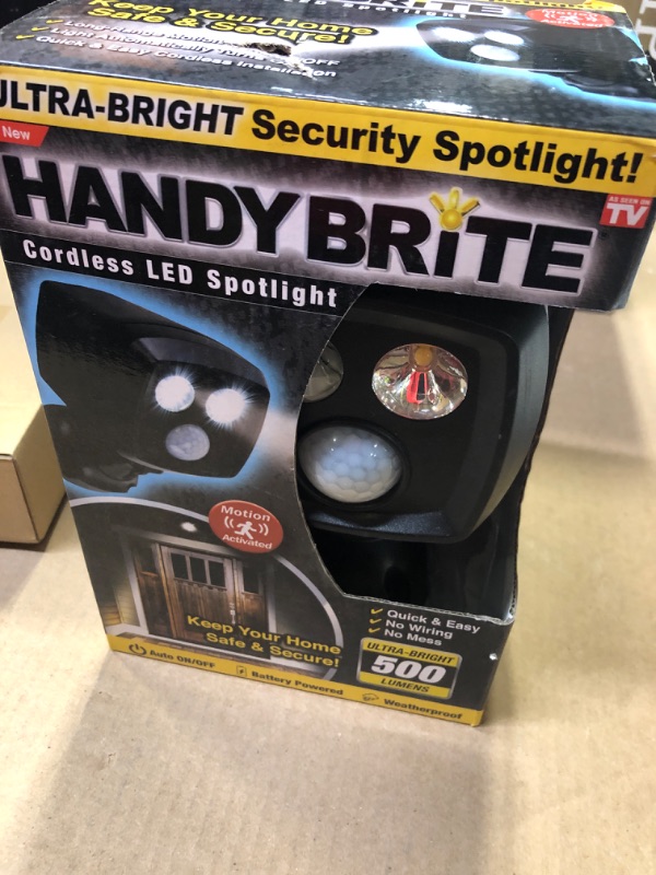 Photo 2 of (Requires 4 x D Batteries – Not Included)------Ontel Handy Brite Ultra-Bright Cordless LED Security Spotlight, 500 Lumens, Motion-Activated, Battery Powered, Weatherproof Light with Auto On/Off - Quick & Easy Set Up, No Wiring