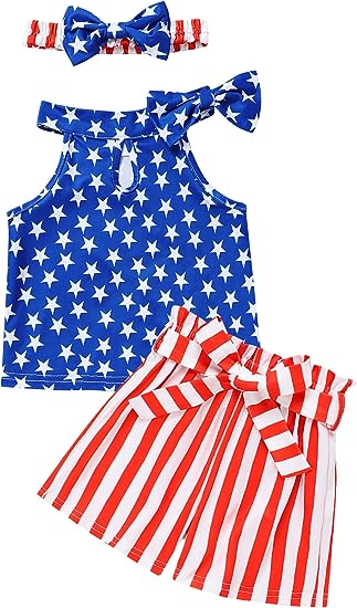 Photo 1 of 4th of July Toddler Girl Outfit American Flag Top Striped Shorts with Waistband Clothes Set for 1-5 Years