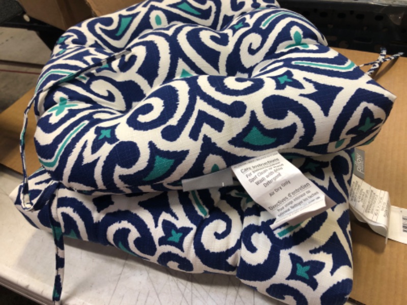 Photo 2 of 2pcs---Pillow Perfect Outdoor/Indoor New Damask Marine Chair Pads, 15.5" x 16", Blue  