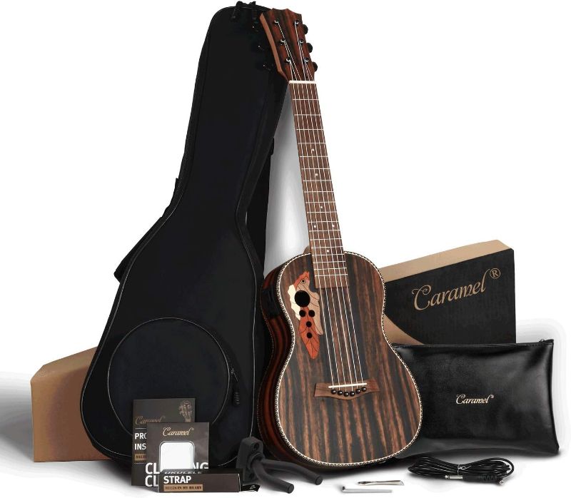 Photo 1 of 30inch Caramel CB904G Ebony Wood Electric Guitalele Small Guitar Kit Beginner Guitarlele Starter Bundle Strings, Padded Gig Bag, Strap and Wall mount Set (Ebony)
