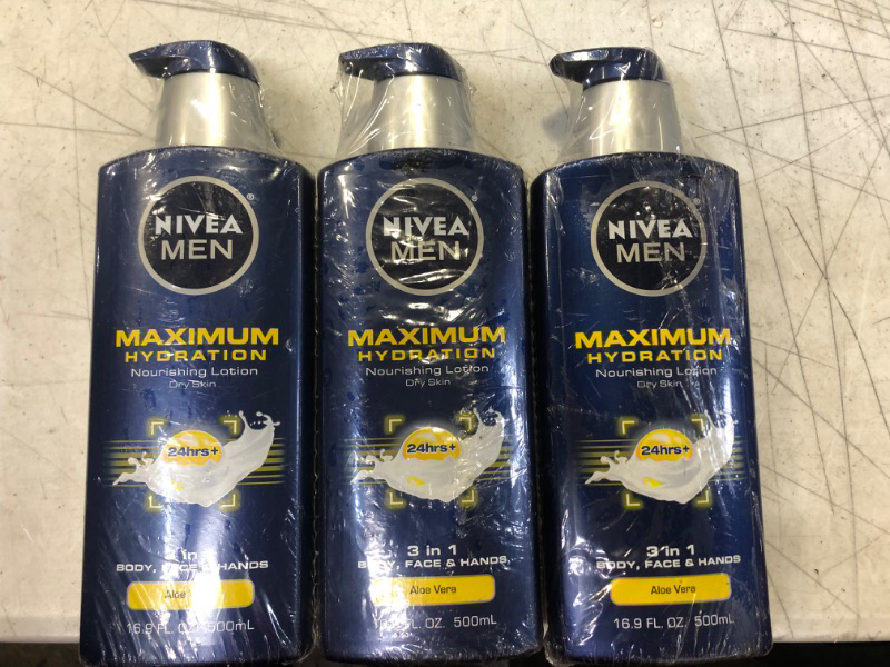 Photo 2 of 3 Pack Lot , Nivea Men Maximum Hydration Body Lotion, 3-in-1 Nourishing Lotion for Men, 16.9 Fl Oz Bottle