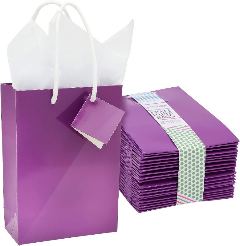 Photo 1 of 20-Pack Small Metallic Purple Gift Bags with Handles, 5.5x2.5x7.9-Inch Goodie Bags with 20 Sheets White Tissue Paper and 20 Hang Tags for Small Business (Purple)