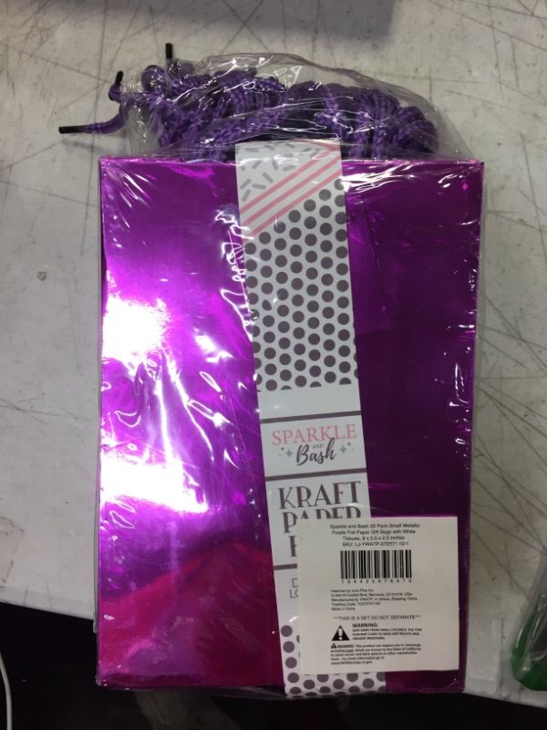 Photo 2 of 20-Pack Small Metallic Purple Gift Bags with Handles, 5.5x2.5x7.9-Inch Goodie Bags with 20 Sheets White Tissue Paper and 20 Hang Tags for Small Business (Purple)