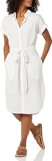 Photo 1 of Amazon Essentials Women's Relaxed Fit Short Sleeve Button Front Belted Shirt Dress SIZE XL WHITE