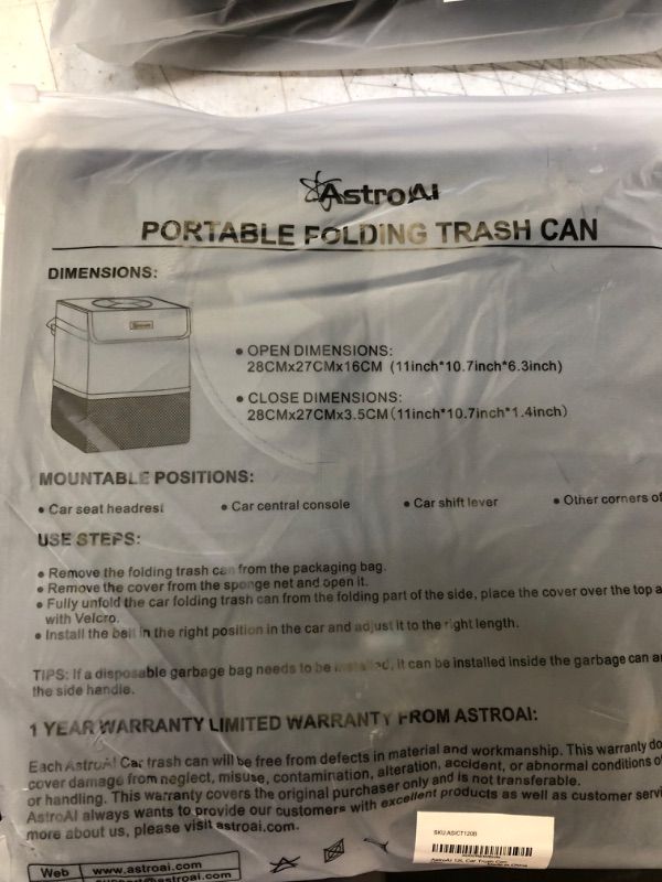 Photo 1 of AstroAI Car Trash Can with Lid and Storage Pockets, Leak-Proof Waterproof Car Garbage Can Large Opening, Multipurpose Folding Trash Bin for Car
