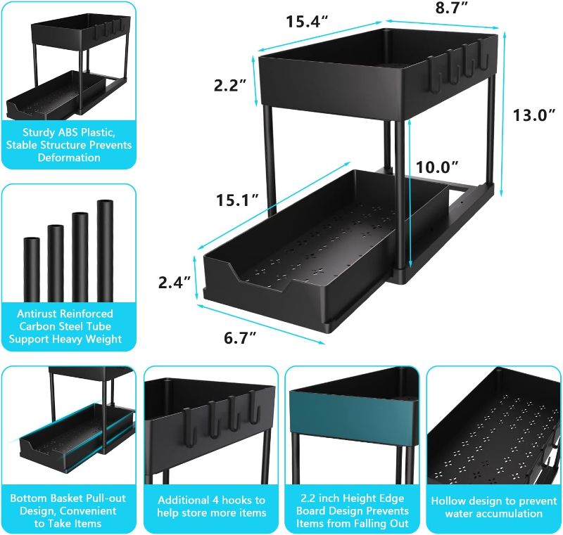 Photo 1 of  Under Sink Organizer, 2 Tier Bathroom Cabinet Organizer with Sliding Basket, Multi-Purpose Under Sink Organizers and Storage for Bathroom Kitchen