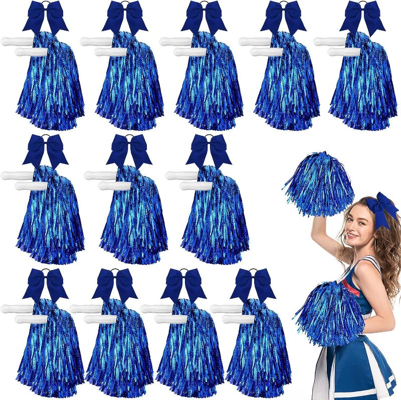 Photo 1 of 24 Pcs 13 Inch Cheerleading Pom Poms and 12 Pcs Large Cheer Hair Bows for Girl, Cheer Poms Poms Plastic Metallic Cheerleader Poms Poms with Handle for Cheerleading Teen Girls Sports