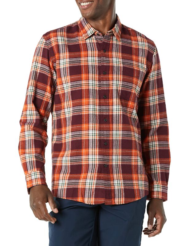 Photo 1 of Amazon Essentials Men's Slim-Fit Long-Sleeve Flannel Shirt Large Burgundy Orange Plaid