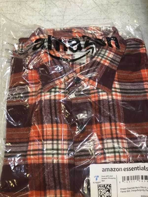 Photo 2 of Amazon Essentials Men's Slim-Fit Long-Sleeve Flannel Shirt Large Burgundy Orange Plaid