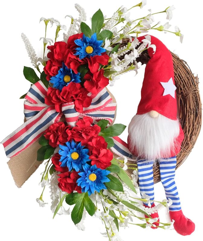 Photo 1 of 18 Inch Patriotic Hydrangea Flowers Gnome Plush Wreath for Front Door, Memorial Day Flowers Grapevine Wreath for Indoor and Outdoor Use, Red White Blue Burlap Bow Wreath for Home Decor