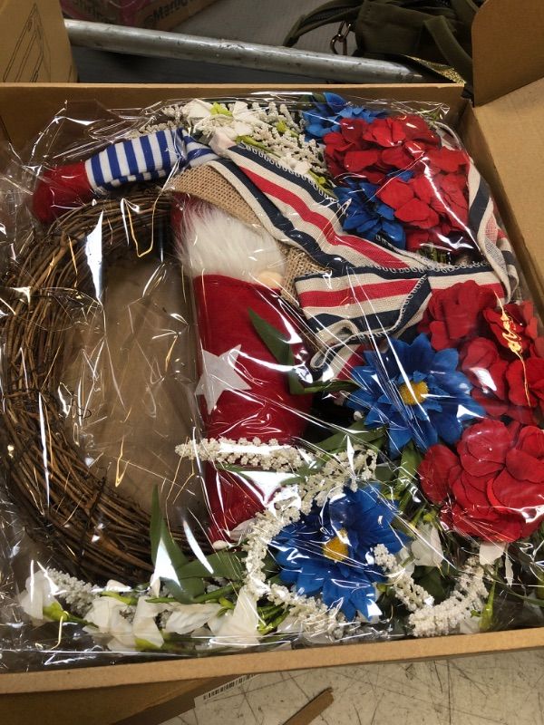 Photo 2 of 18 Inch Patriotic Hydrangea Flowers Gnome Plush Wreath for Front Door, Memorial Day Flowers Grapevine Wreath for Indoor and Outdoor Use, Red White Blue Burlap Bow Wreath for Home Decor