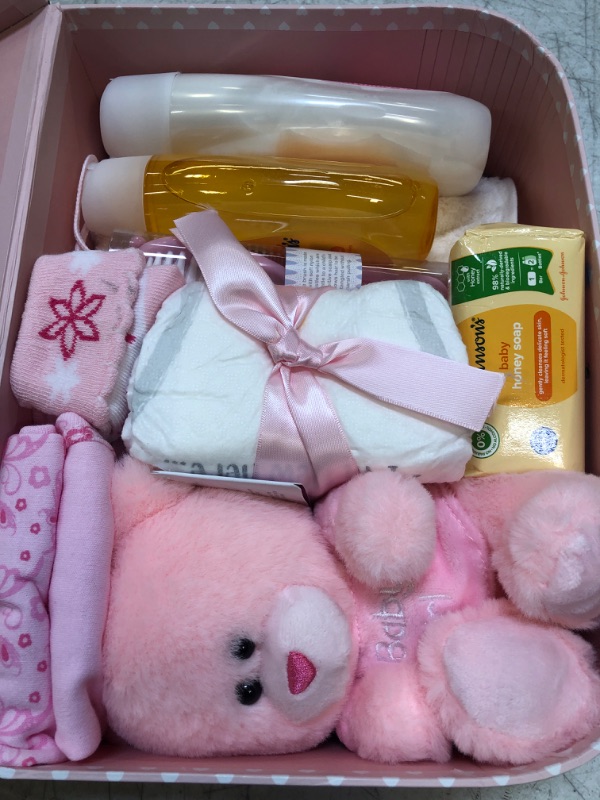 Photo 1 of Baby Box Shop Baby Girl Gifts Set, Baby Gift Basket with Baby Girl Newborn Essentials - Baby Girl Gifts Newborn Gift Set, Baby Gifts for Newborn Girl, Unique Baby Gift Set in Baby Girl Suitcase (Pink)