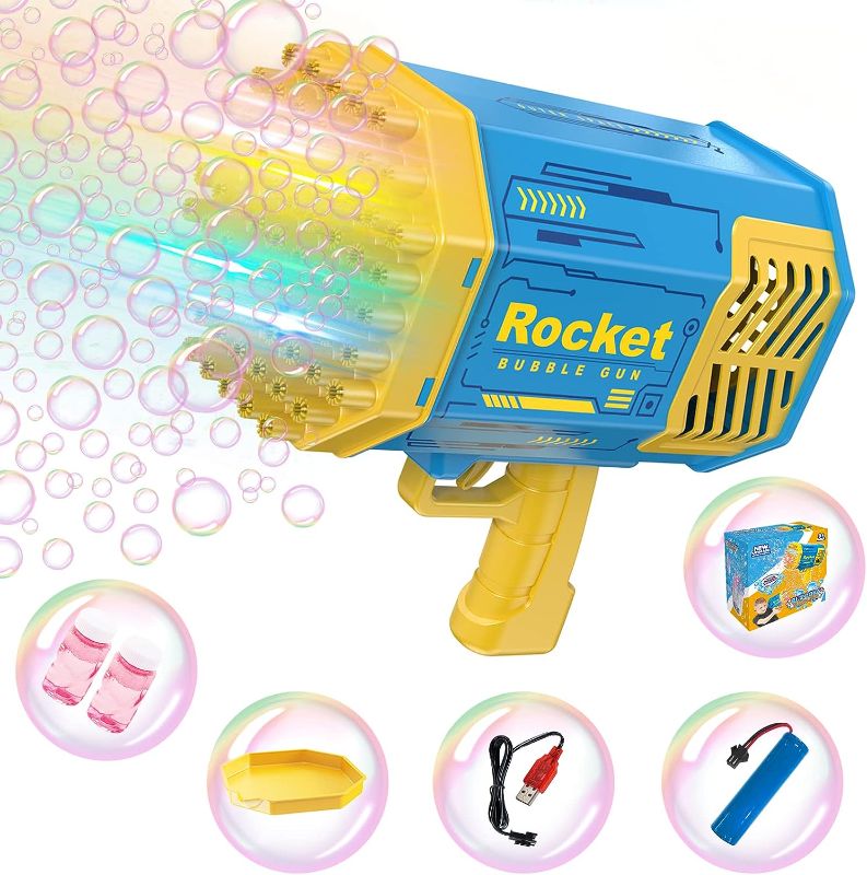 Photo 1 of Bubble Gun - 69 Holes Rocket Bazooka Bubble Machine Gun with Colorful Lights & Bubble Solution for Kids Adult Automatic Bubble Maker Gun for Outdoor Playing Activity Party Wedding