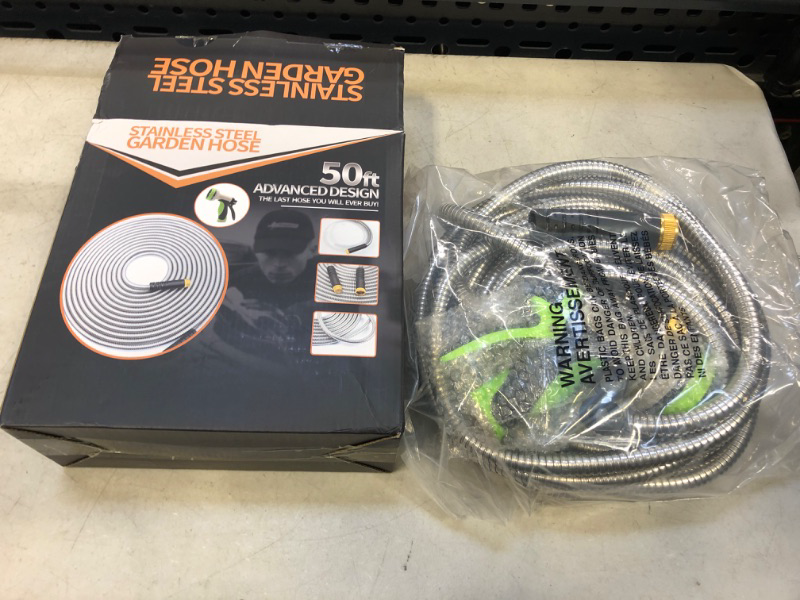 Photo 2 of 50ft Garden Hose Made by Metal with Super Tough and Soft Water Hose, Household Stainless Steel Hose, Durable Metal Hose with Adjustable Nozzle, No Kinks and Tangles, Easy to Store with Storage Strap