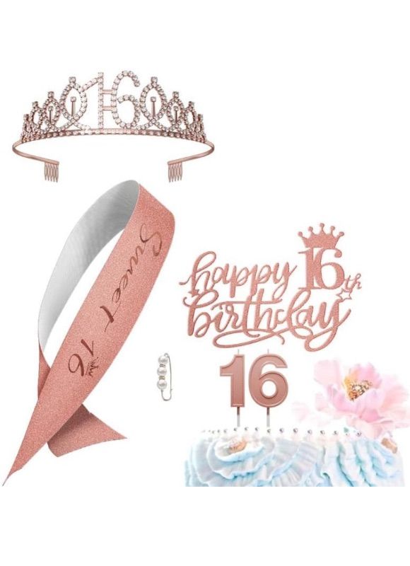 Photo 1 of 16th Birthday Gifts Decorations for Girls - Birthday Cake Topper, Balloons, Birthday Queen Sash with Pearl Pin, Tiara Crown and Candle Set, Rose Gold (16th)