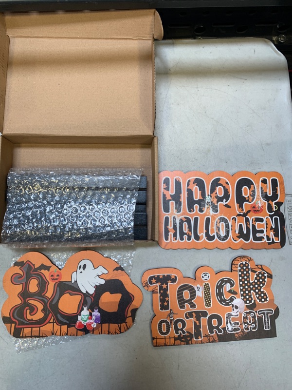 Photo 2 of 3 Pieces Halloween Centerpiece Signs, Happy Halloween Wooden Table Decorations, Trick or Treat Table Topper Signs with Spooky Goast, Pumpkin Shaped Ornaments for Home Party Tabletop Supplies