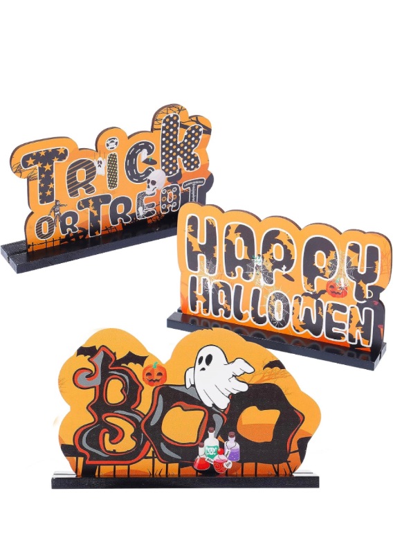 Photo 1 of 3 Pieces Halloween Centerpiece Signs, Happy Halloween Wooden Table Decorations, Trick or Treat Table Topper Signs with Spooky Goast, Pumpkin Shaped Ornaments for Home Party Tabletop Supplies