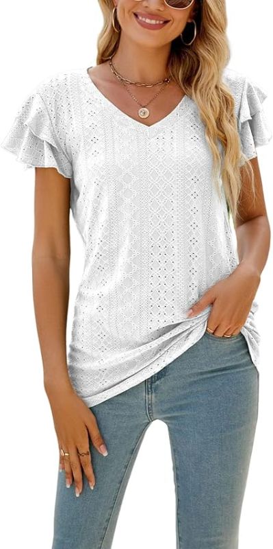 Photo 1 of ANXPTIME Womens Dressy Casual Blouses Summer Tops 2023 Trendy Eyelet V Neck Short Sleeve Shirts SIZE XL 