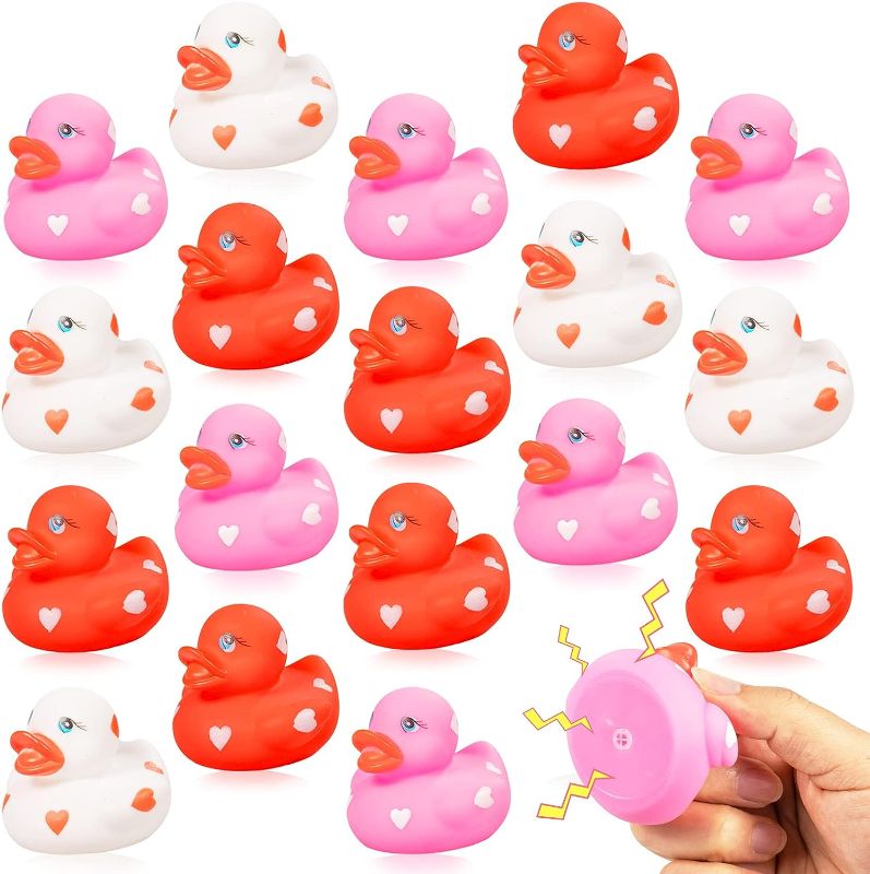 Photo 1 of 20pcs Mini Rubber Ducks Valentines Day Party Favors Small 2.36” Assorted Pink Red White Squeaky Duckies in Bulk Love Heart Ducks Treats Giveaways for Kids Cupcake Topper