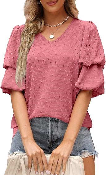 Photo 1 of GeGekoko Women Puff Short Sleeve Tops Casual V Neck Half Sleeve Blouse Loose Fitting Swiss Dot Summer Chiffon Shirt large 