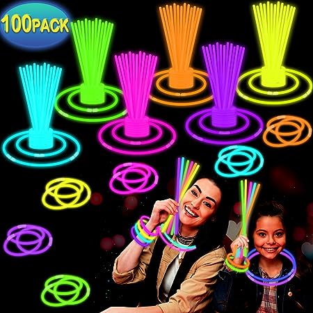 Photo 1 of 100 8" Glow Sticks Party Pack with Accessories, Halloween Light up Bracelets & Necklaces, Neon Glow in the Dark Party Favor Supplies Decorations for Halloween, Birthday, Camping Activities & Games