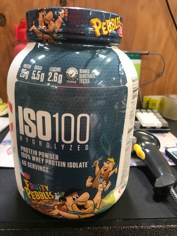 Photo 2 of Dymatize ISO100 Hydrolyzed Protein Powder, 100% Whey Isolate , 25g of Protein, 5.5g BCAAs, Gluten Free, Fast Absorbing, Easy Digesting, Fruity Pebbles, 3 Pound 10/24