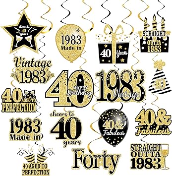 Photo 1 of 36PCS Black Gold 40th Birthday for Man and Women Party Decorations Vintage 1983 Hanging Swirls Forty Years Old Party Supplies Ceiling Hanging Decor for Birthday Vintage 1983 Party Favors