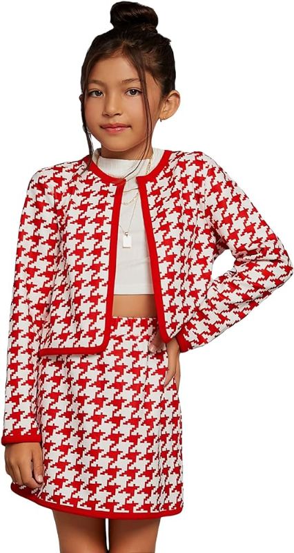 Photo 1 of Size 8Y--WDIRARA Girl's 2 Piece Outfits Houndstooth Zip Up Half Sleeve Jacket and A Line Skirt Set