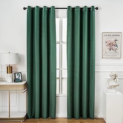 Photo 1 of  2 Panels Velvet Curtains 84 Inches Long, Solid Soft Grommet Thermal Insulated Soundproof Room Darkening Drapes, Blackout Window Panels Pair Set for Bedroom Living Room W52 x L84, Green