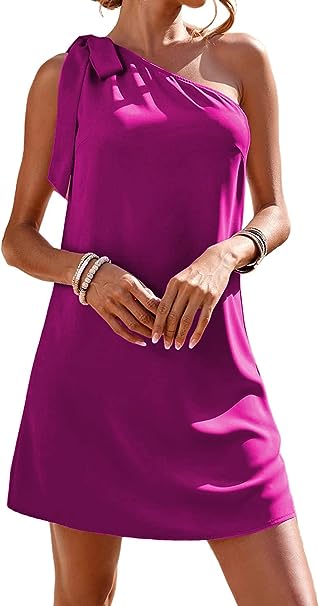 Photo 1 of Guteidee Women's One Shoulder Dress Casual Tie Bow Knot Sleeveless Mini Dress Wedding Guest Dress Cocktail Party Dresses, SIZE L 