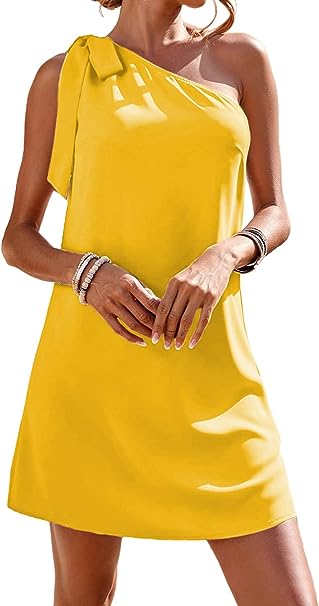 Photo 1 of Guteidee Women's One Shoulder Dress Casual Tie Bow Knot Sleeveless Mini Dress Wedding Guest Dress Cocktail Party Dresses. SIZE L