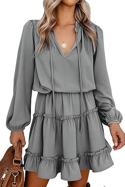 Photo 1 of  Women Casual Summer Fall Dresses Tie V Neck Long Sleeve High Waist Ruffle Tiered A Line Swing Tunic Mini Dress