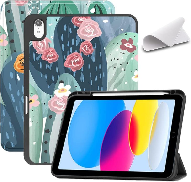 Photo 1 of AiGoZhe Case for iPad 10th Generation 10.9-inch 2022 with Auto Wake/Sleep, Soft TPU Back Shell Trifold Stand Smart Cover iPad 10.9 inch Case with Pencil Holder A2757/A2777/A2696, Watercolor Cactus
