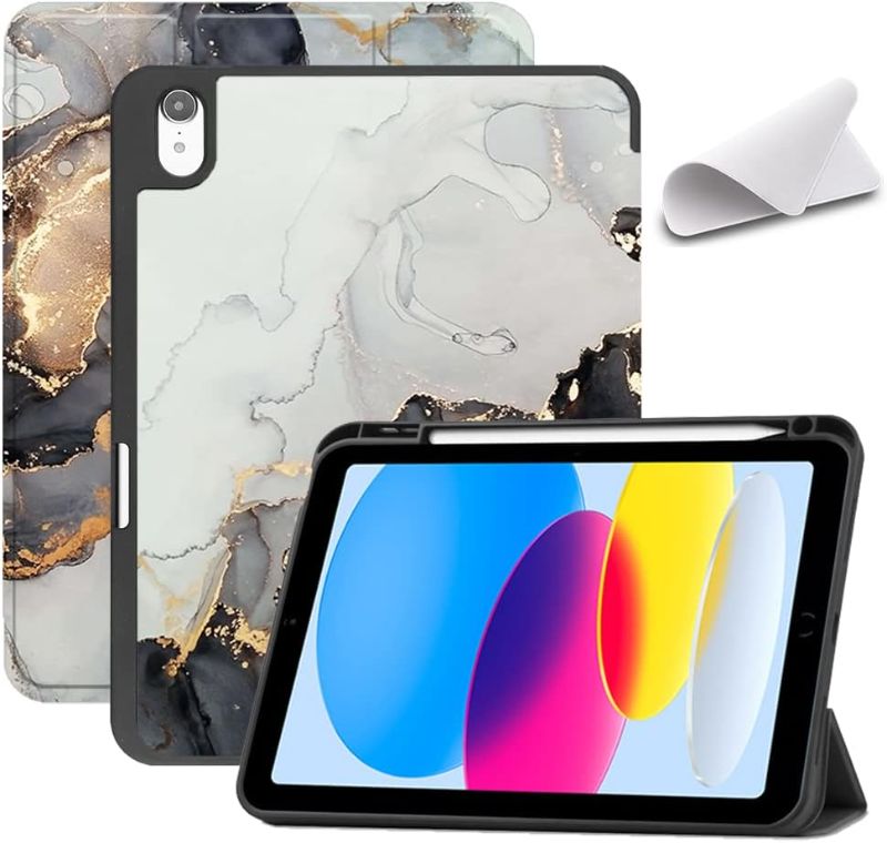 Photo 1 of AiGoZhe Case for iPad 10th Generation 10.9-inch 2022 with Auto Wake/Sleep, Soft TPU Back Shell Trifold Stand Smart Cover iPad 10.9 inch Case with Pencil Holder A2757/A2777/A2696, Gray Gold Marble
