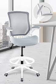 Photo 1 of BOJUZIJA Drafting Chair,Tall Office Standing Desk Computer Chair with Adjustable Height and Footrest, Swivel Breathable Desk Mesh Computer Chair with Flip up Armrests & Lumbar Support (Grey)
