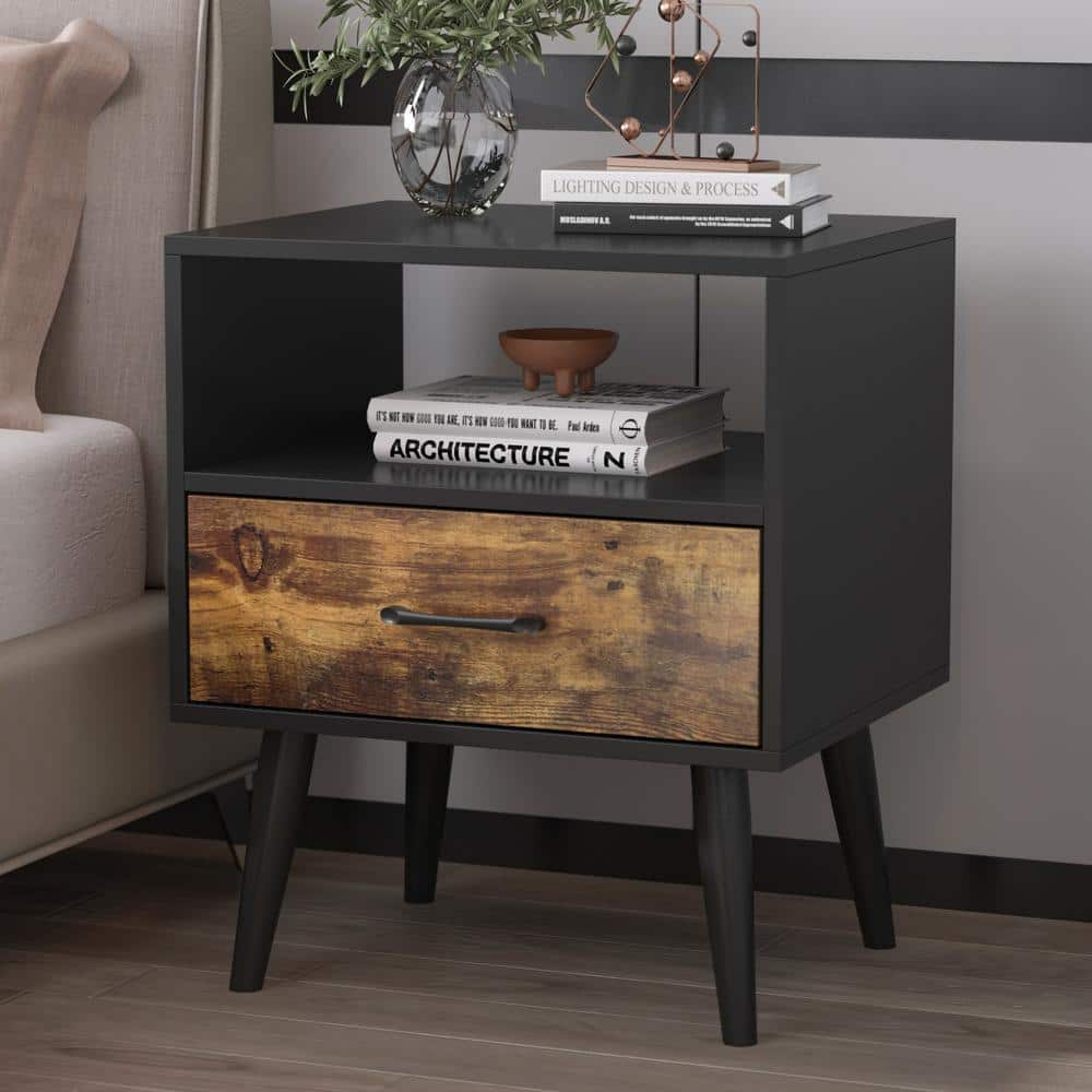 Photo 1 of 1-Drawer Black Wood Nightstand with Open Shelf, Side Table Bedside Table
