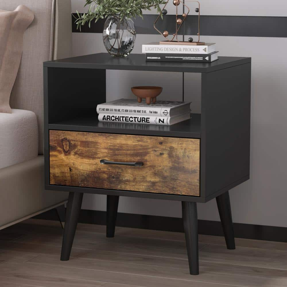 Photo 1 of  1-Drawer Black Wood Nightstand with Open Shelf, Side Table Bedside Table 