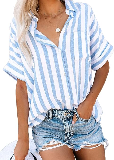 Photo 1 of HOTAPEI Womens Summer Blouses Casual V Neck Stripe Short Sleeve Button Down Shirts Tops. Large
