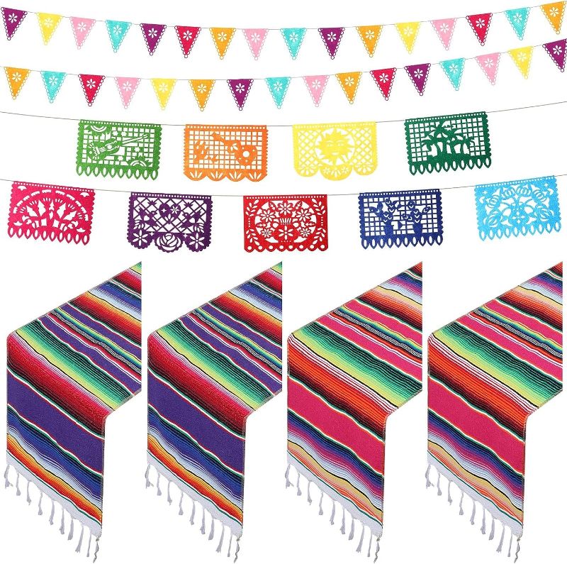 Photo 1 of 7 Pcs Mexican Table Runner 14 x 110'' Serape Table Covers Papel Picado Banner Fiesta Hanging Pennant Flag Banner for Party Decor(Rose Red, Purple)
