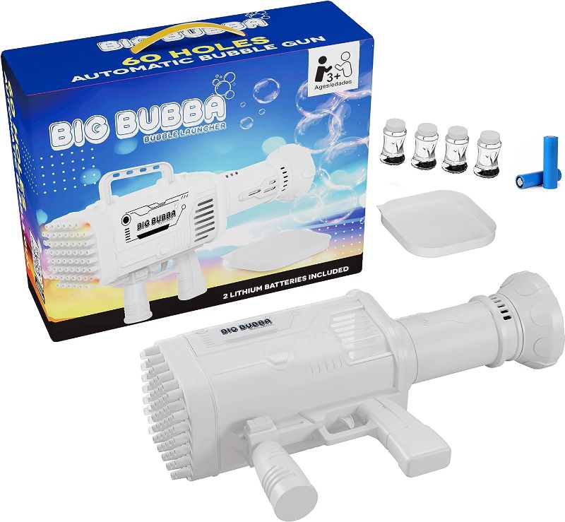 Photo 1 of Bubble Machine Gun (2 Batteries) | Automatic Bazooka Bubble Gun for Kids | 60 Hole Bubble Machine w/Solution & Lights | Bubbles for Toddlers, Kids and Adults | Parties, Wedding, Summer, Outdoor Toy
