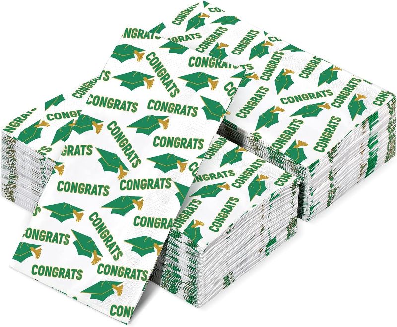 Photo 1 of 100 Pieces Graduation Napkins 2023 Disposable Congrats Grad Cap Class of 2023 Graduation Paper Napkins Graduation Party Decoration Supplies for High School College (Green, Congrats)
