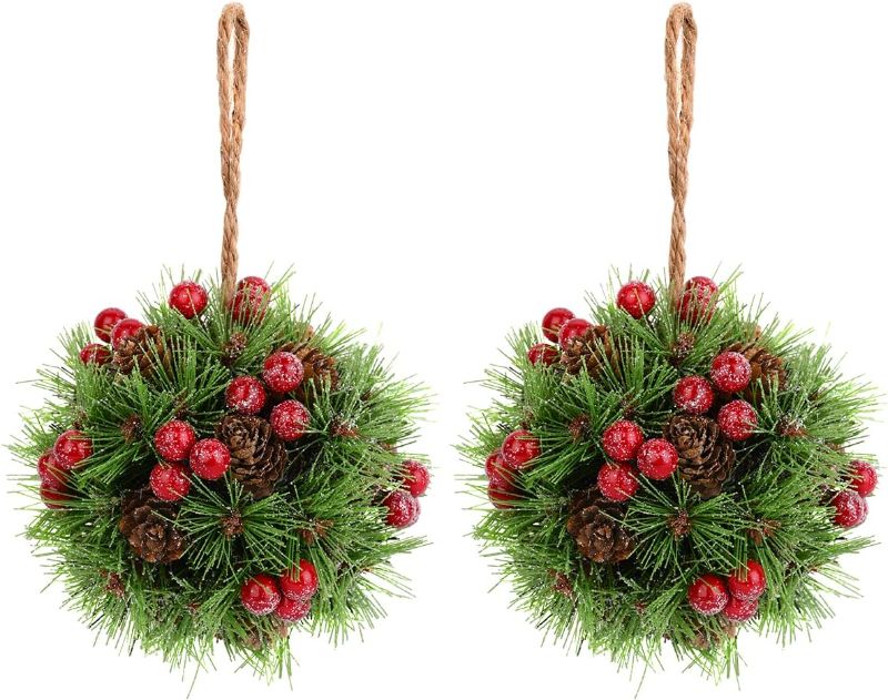 Photo 1 of 2PCS Mistletoe Ball Christmas Tree Decoration, Vlorart Hanging Mistletoe Kiss Ball Pinecones Christmas Frosted Tree Ornament Frosted, Artificial Christmas Wish Ball for Home Christmas Party Decor
