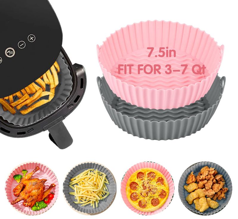 Photo 1 of Air Fryer Silicone Pot 2 Pack - 7.5 inch Round Reuable Air Fryer Silicone Liner, Easy to Clean & Non Stick Replacement of Parchment Paper Liners, Fits 3 to 5 QT Air Fryer (Pink + Grey)