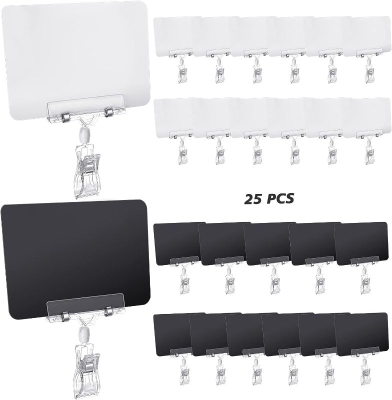 Photo 1 of 25 Pieces Plastic Sign Holder Clip with PVC Price board, Rotatable Pop Clip-on Holder Stand Reuse Sign Price Tag Merchandise Sign Clip Double Display Clips for Retail Baskets, Store, Supermarket, Offi
