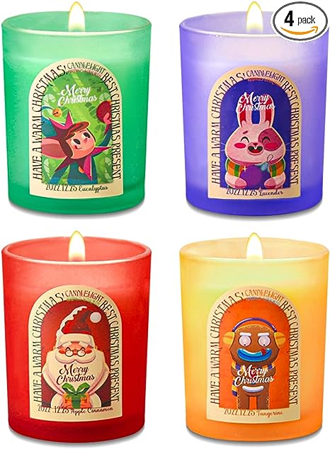 Photo 1 of 4 Pack Scented Candles Gift Set, Natural Soy Wax Glass Jar Candles with Santa Claus and Cartoon Animals Pattern for Christmas and Seasonal Celebration
