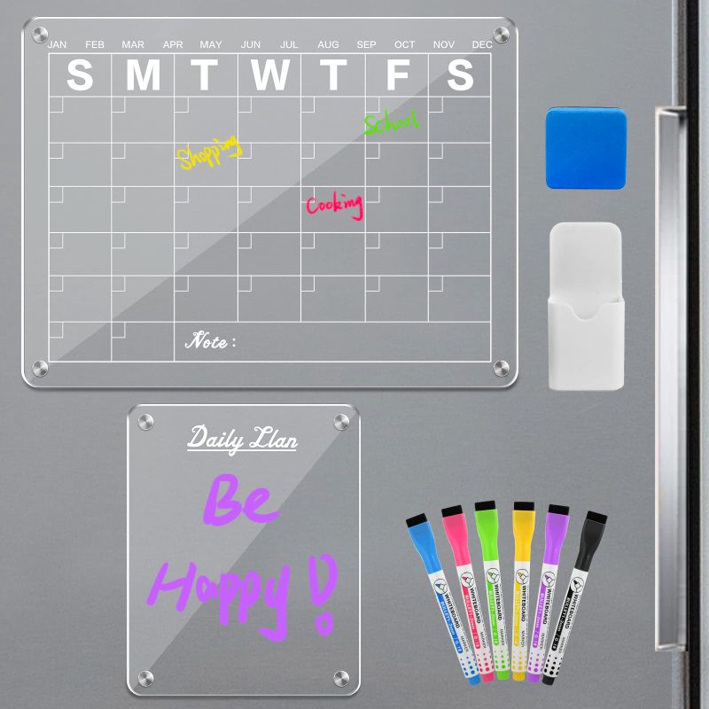 Photo 1 of Refrigerator Acrylic Magnetic Calendar (16 x 12 Inch) Set of 2 Clear Dry Erase Board Calendar, Reusable Refrigerator Calendar with 6 Colors Dry Erase Markers, Magnetic Pen Holder and Eraser.